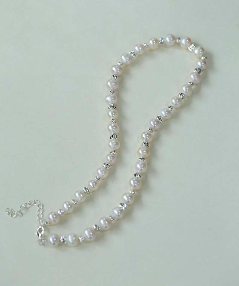 White Freshwater Pearl Silver Bean Necklace - White Pearl - floysun