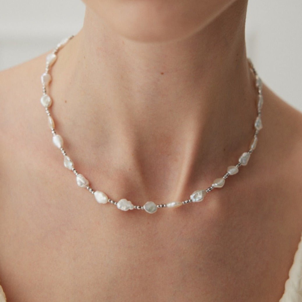 White Moonlight Baroque Pearl Silver Beaded Necklace - floysun