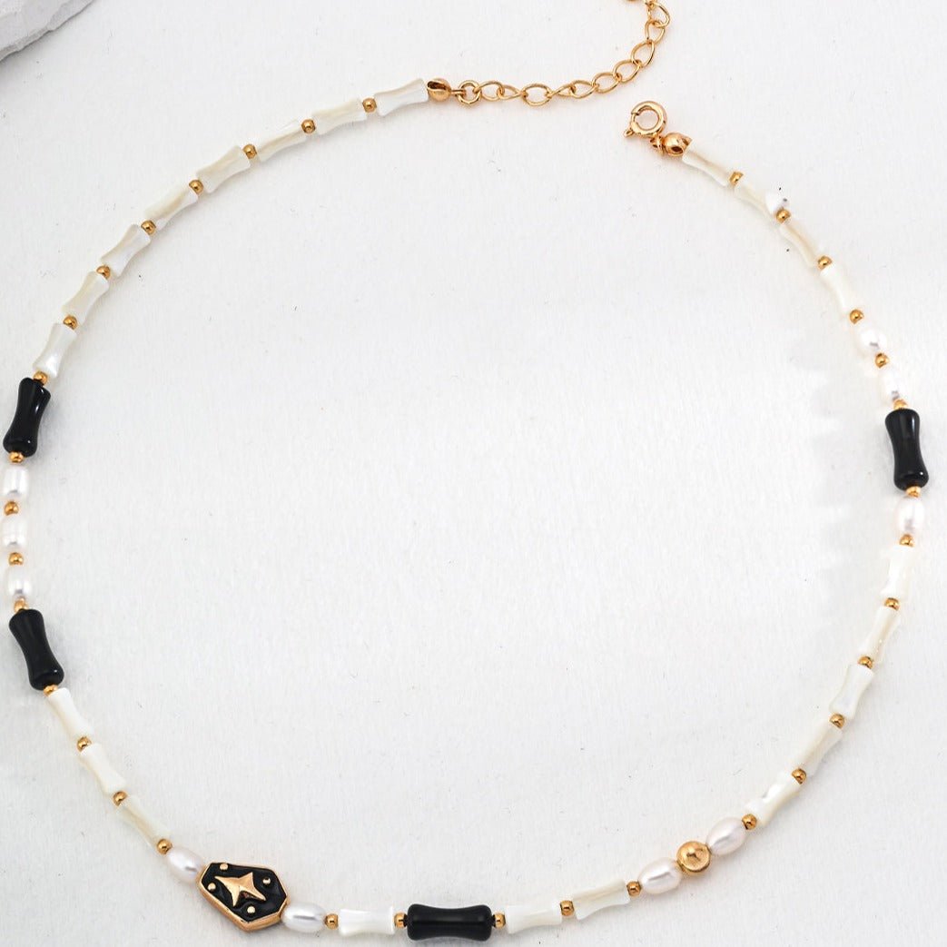 White Mother-of-Pearl Beads Black Glazed Necklace - floysun