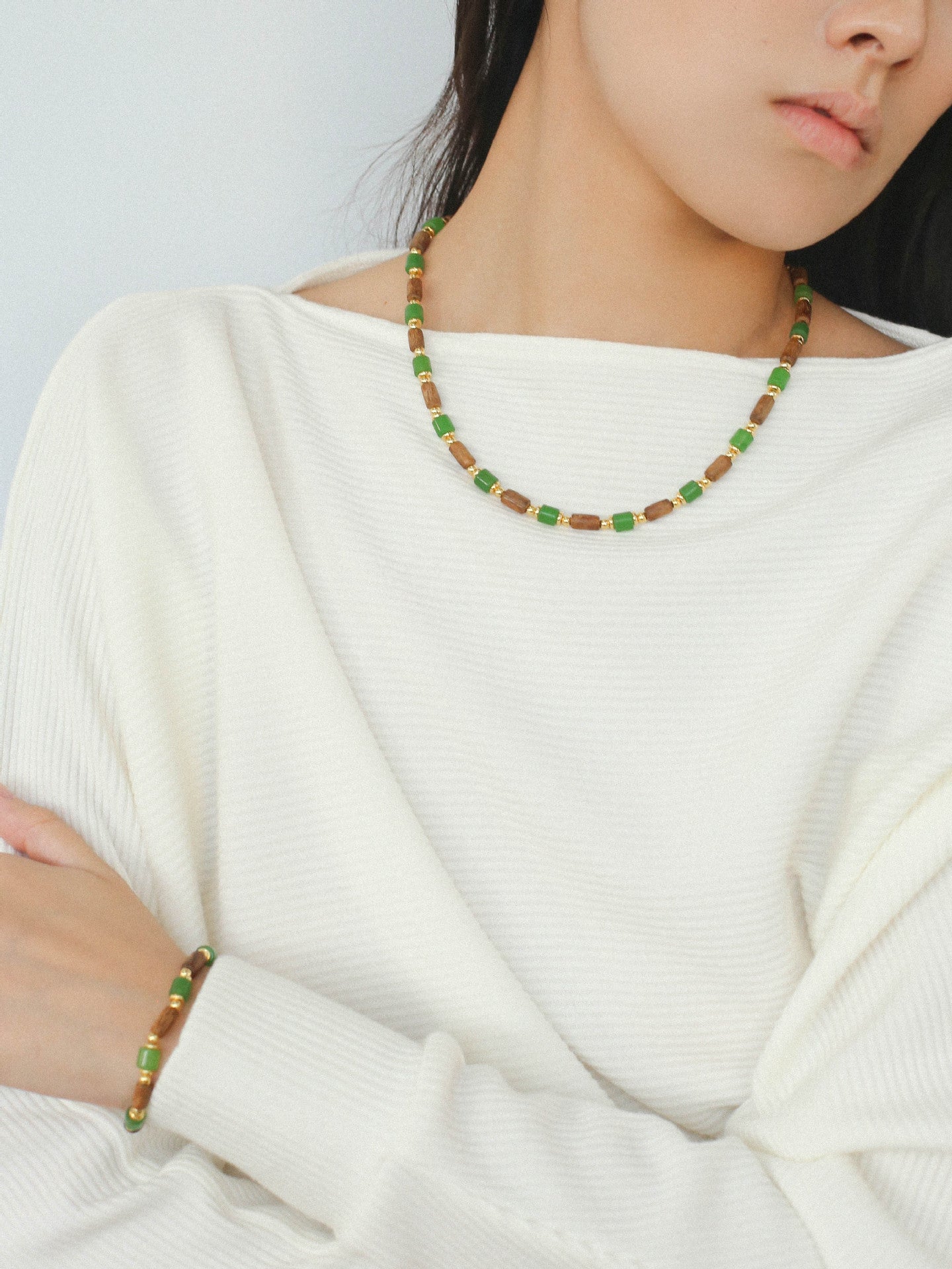 Wood Bead Green Agate Beaded Necklace - floysun