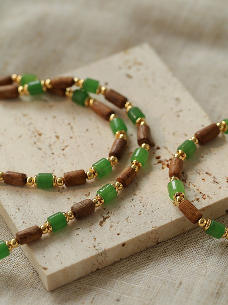 Wood Bead Green Agate Beaded Necklace - floysun