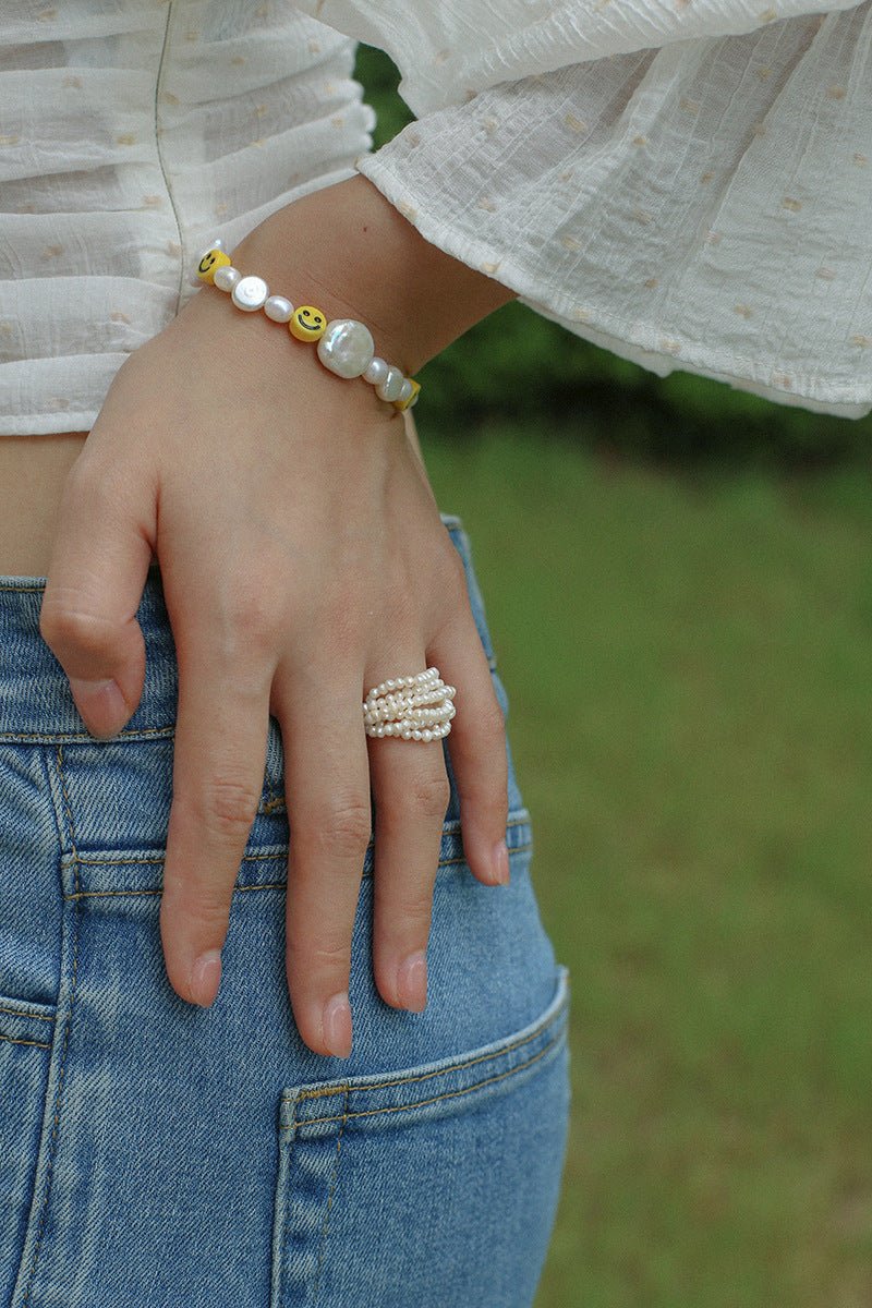 Woven Multi - Layer Freshwater Pearl Ring - floysun