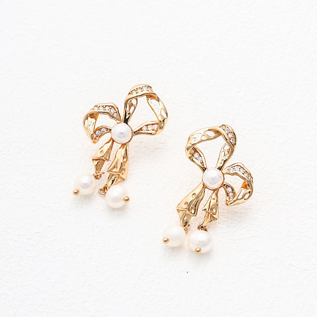 Butterfly Bow Pearl Gemstone Drop Earrings