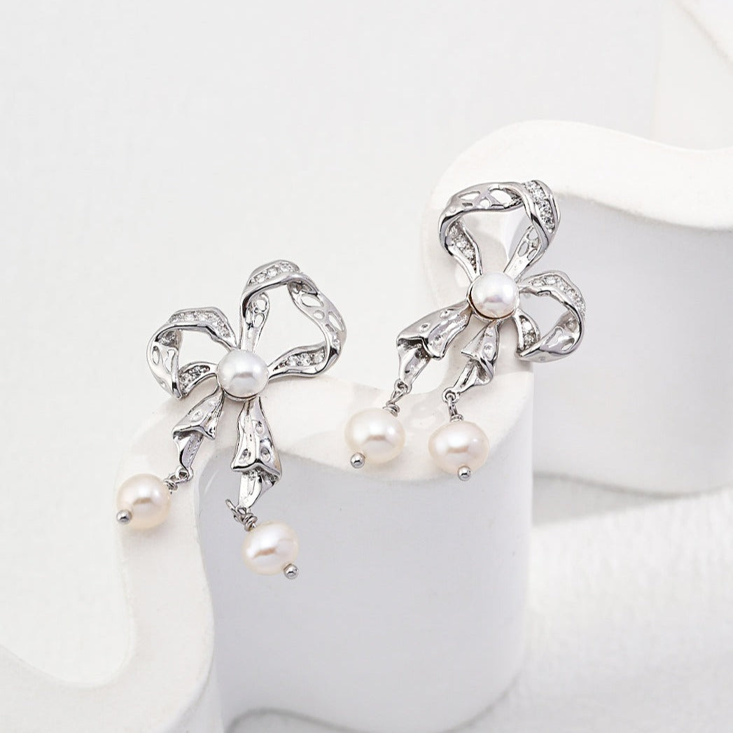 Butterfly Bow Pearl Gemstone Drop Earrings