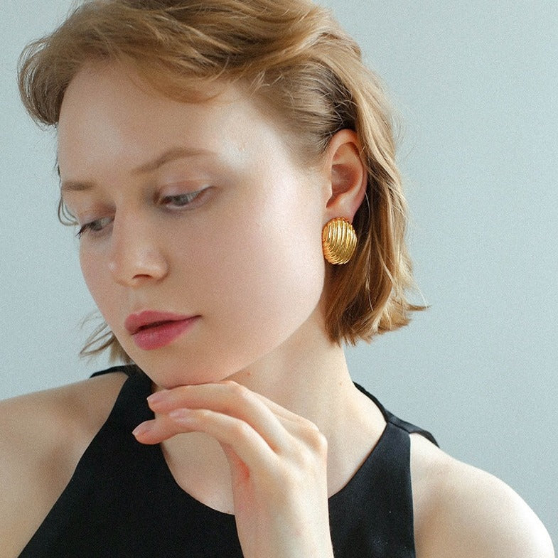 Metallic Striped Texture Oval Earrings
