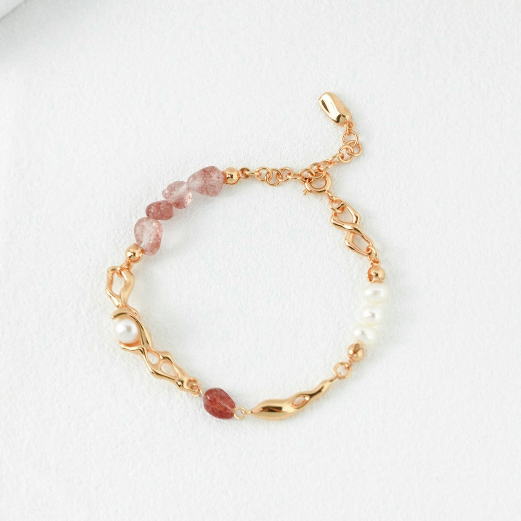 Pink Spotted Strawberry Crystal and Pearl Chain Bracelet