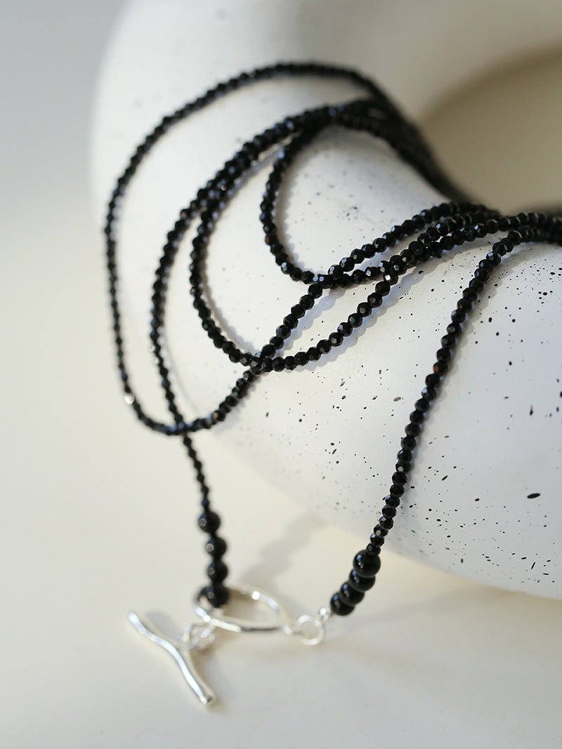 2mm Black Spinel Long Sparkling Beaded Necklace - floysun