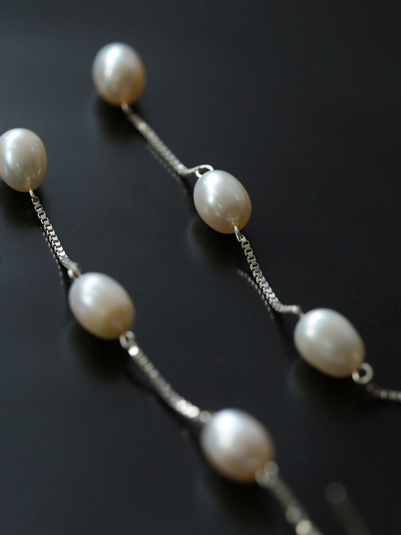 925 Silver Chain Fringed Pearl Earrings - floysun