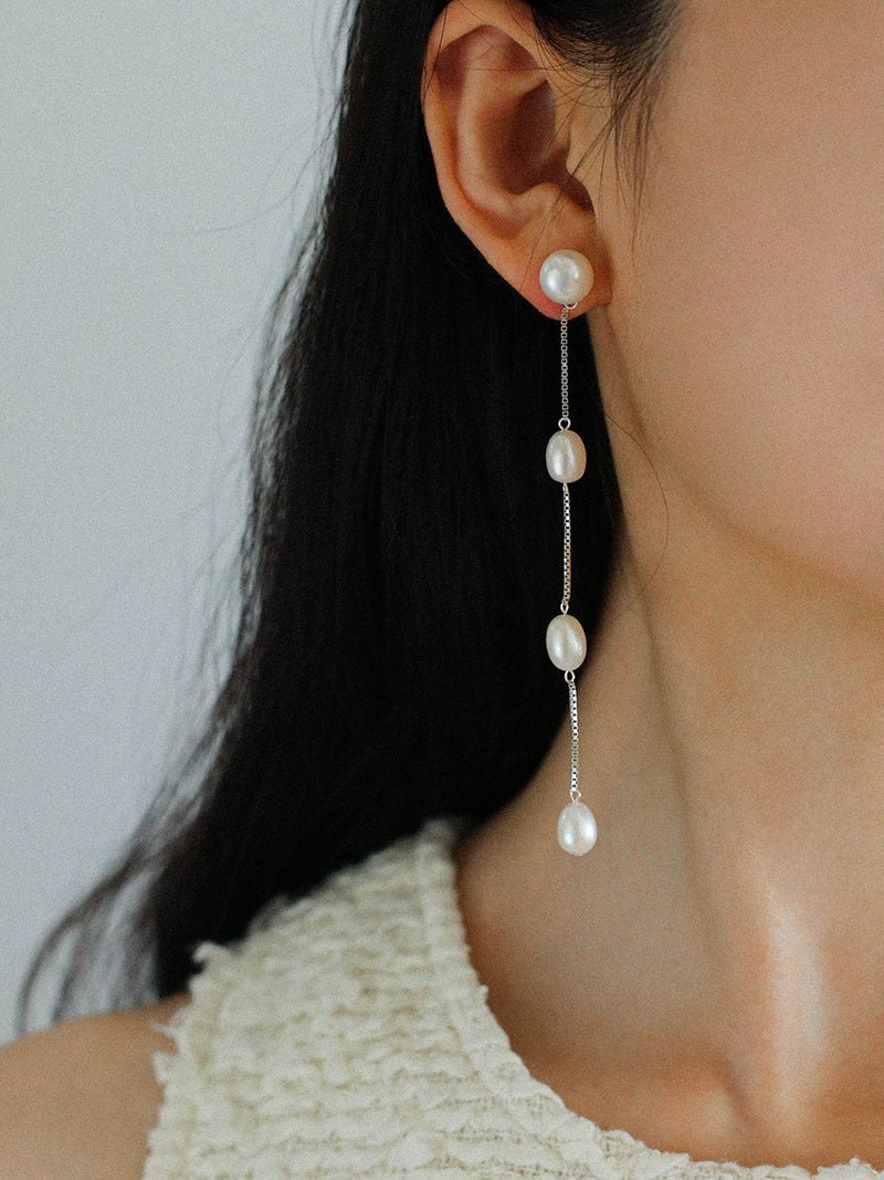 925 Silver Chain Fringed Pearl Earrings - floysun