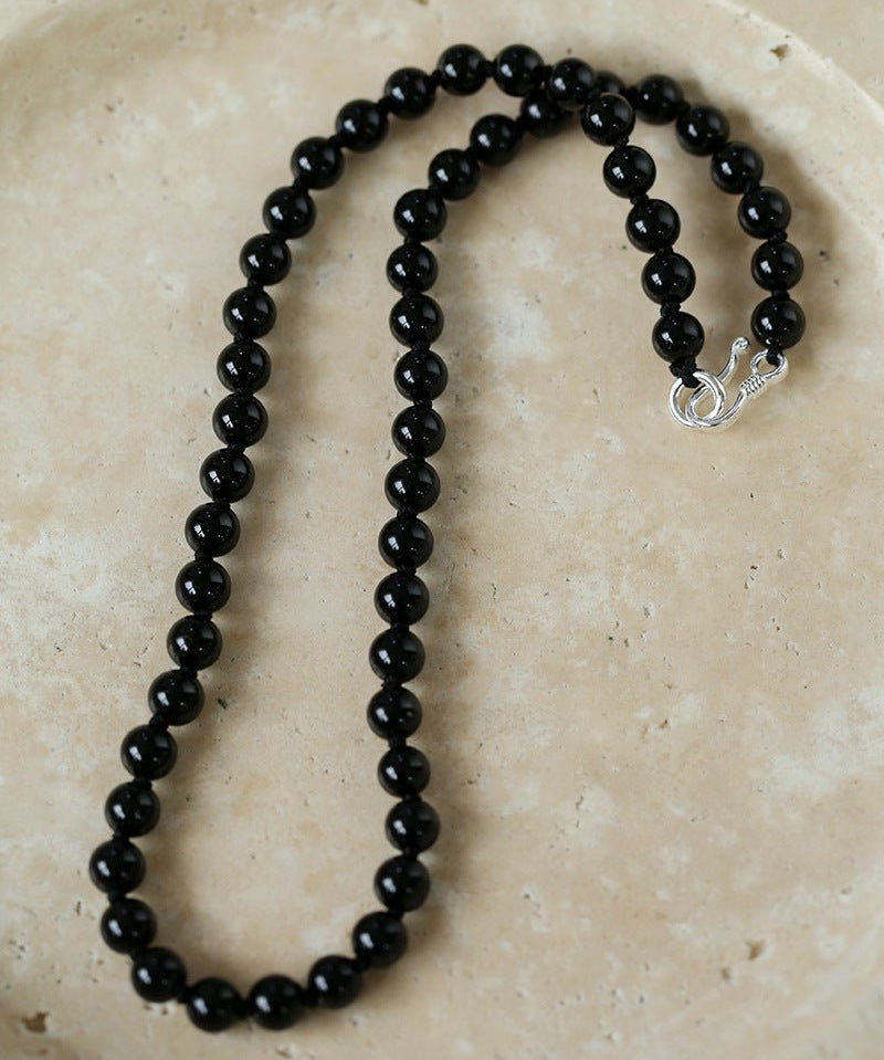 925 Silver Clasp Black Onyx Beaded Necklace - floysun