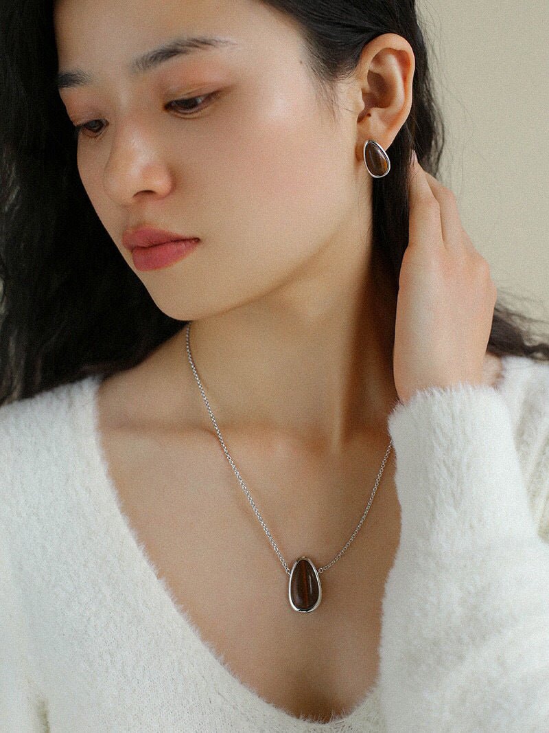 925 Silver Geometric Natural Stone Necklace - Mother of Pearl and Wood Grain Stone - floysun