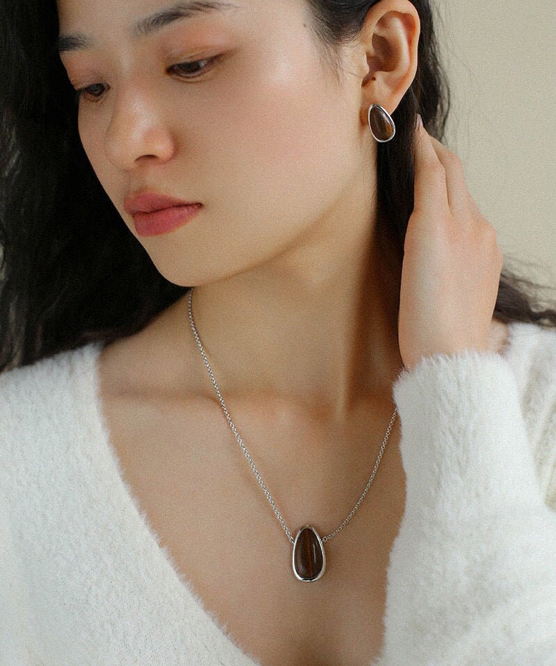 925 Silver Geometric Natural Stone Necklace - Mother of Pearl and Wood Grain Stone - floysun