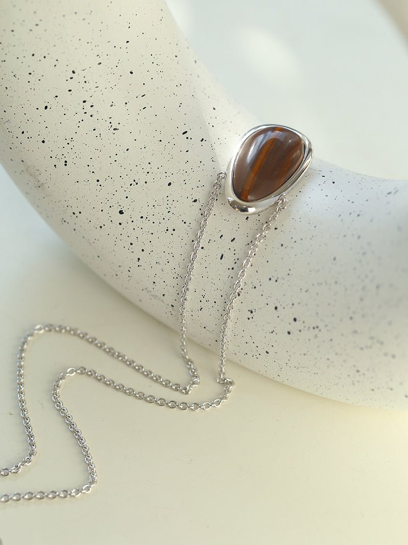 925 Silver Geometric Natural Stone Necklace - Mother of Pearl and Wood Grain Stone - floysun