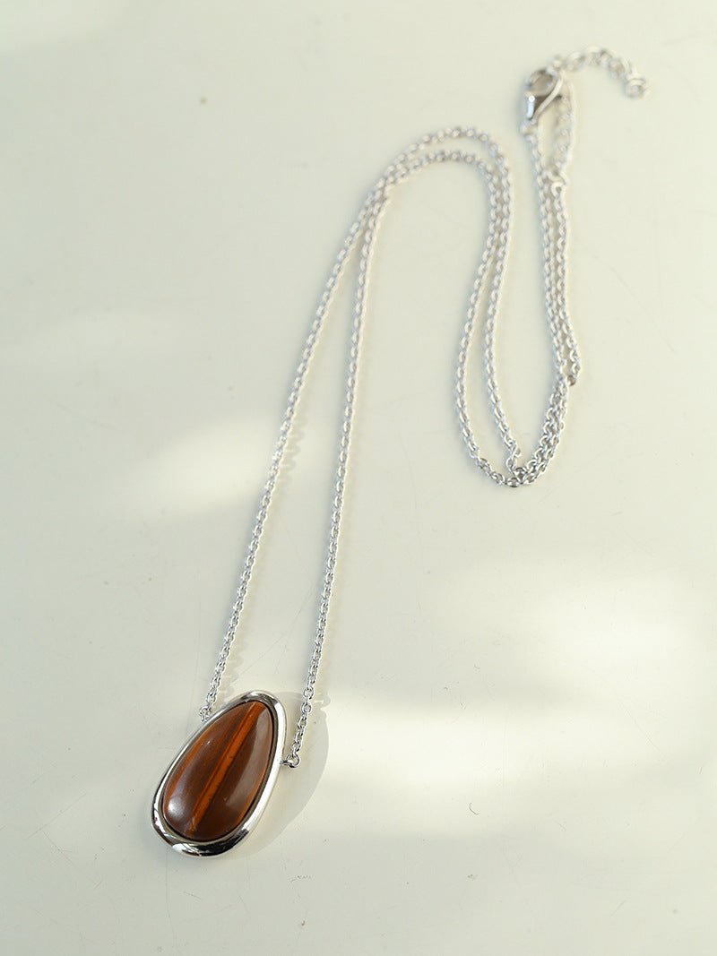 925 Silver Geometric Natural Stone Necklace - Mother of Pearl and Wood Grain Stone - floysun