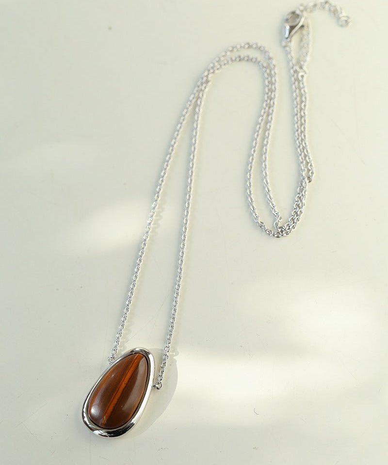 925 Silver Geometric Natural Stone Necklace - Mother of Pearl and Wood Grain Stone - floysun