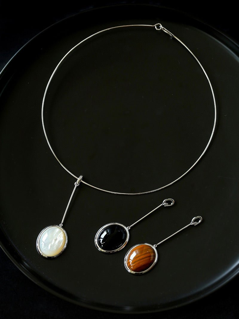 925 Silver Necklace: Wood-grain Marble&Black Onyx & White Mother of Pearl Pendant - floysun