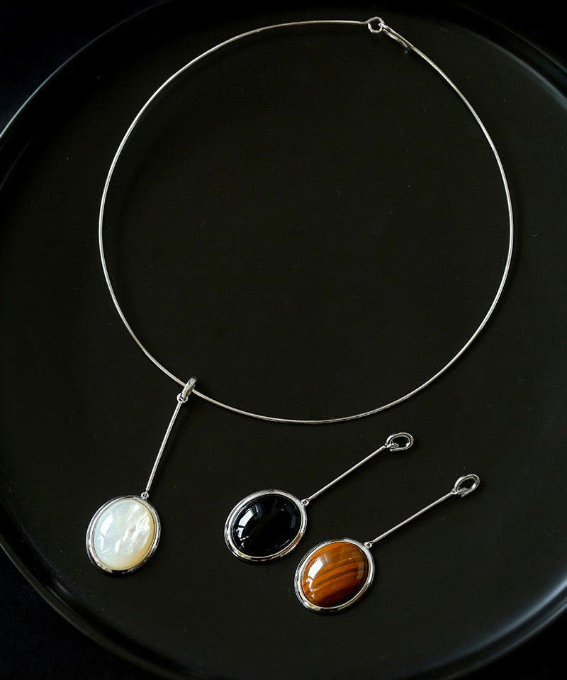 925 Silver Necklace: Wood-grain Marble&Black Onyx & White Mother of Pearl Pendant - floysun