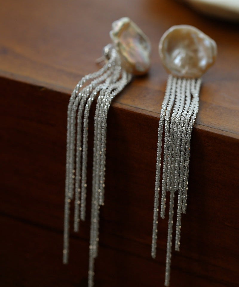 Anemone Chain Tassel Petal Pearl Earrings - floysun