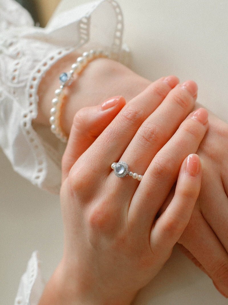 Aquamarine Oceanic Blue Sapphire and Pearl Ring - floysun