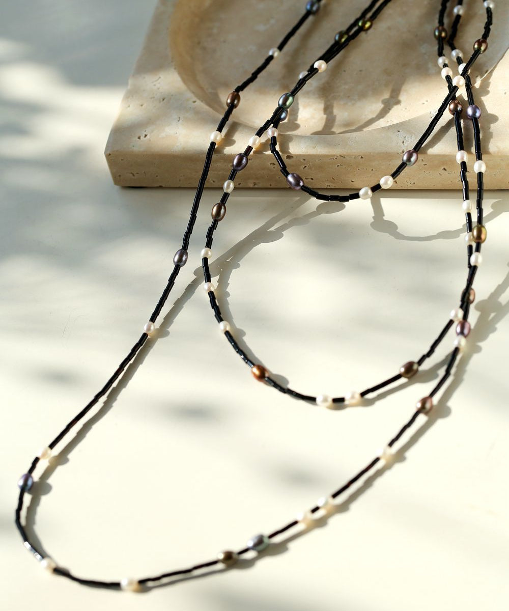 Black Agate Round Tube Freshwater Long Necklace Pearl - floysun