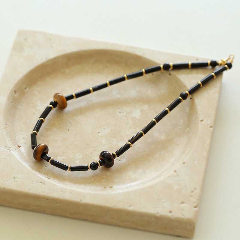 Black Onyx Tiger's Eye Stone Beaded Necklace - floysun