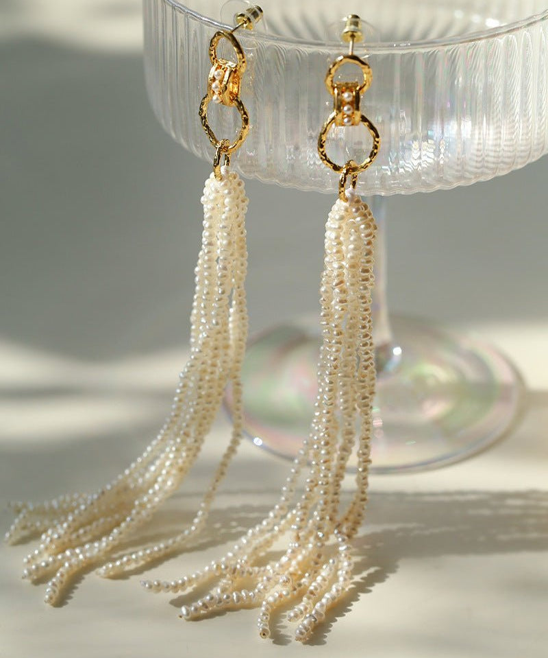 Braided Long Rice Grain Pearl Earring - floysun