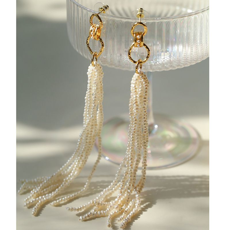 Braided Long Rice Grain Pearl Earring - floysun