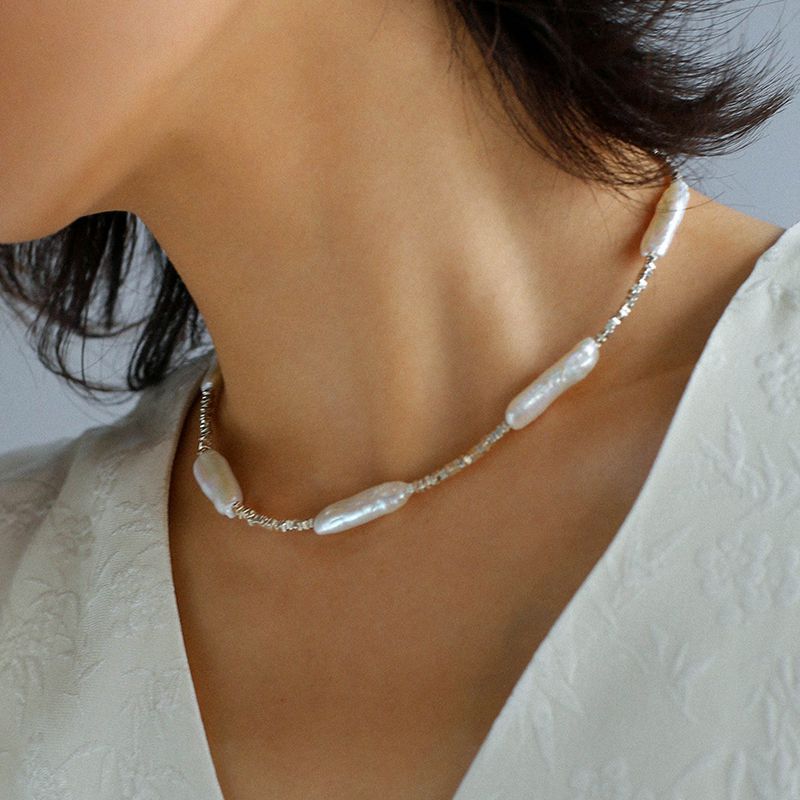 Broken Silver Toothpick Freshwater Pearl Necklaces - floysun