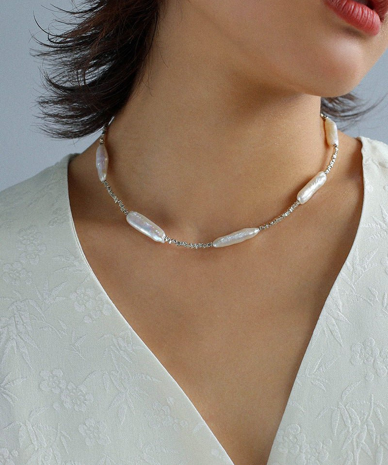 Broken Silver Toothpick Freshwater Pearl Necklaces - floysun