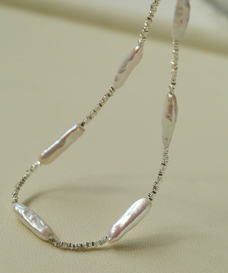 Broken Silver Toothpick Freshwater Pearl Necklaces - floysun