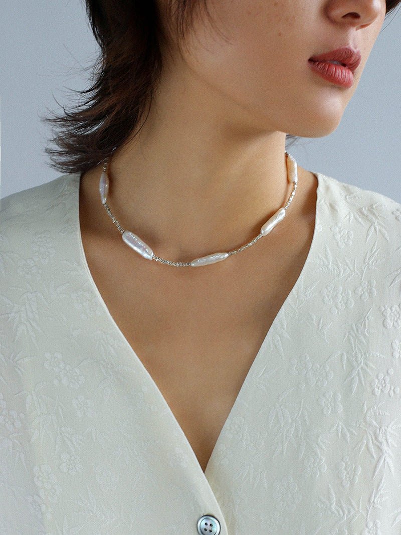Broken Silver Toothpick Freshwater Pearl Necklaces - floysun