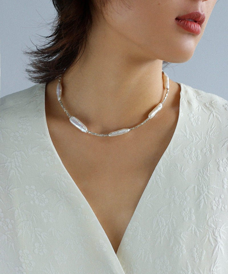 Broken Silver Toothpick Freshwater Pearl Necklaces - floysun