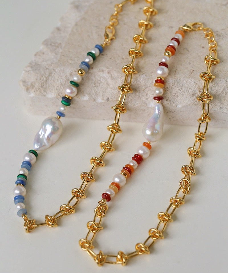 Colorful Beads & Baroque Pearls Twisted Chain Necklace - floysun