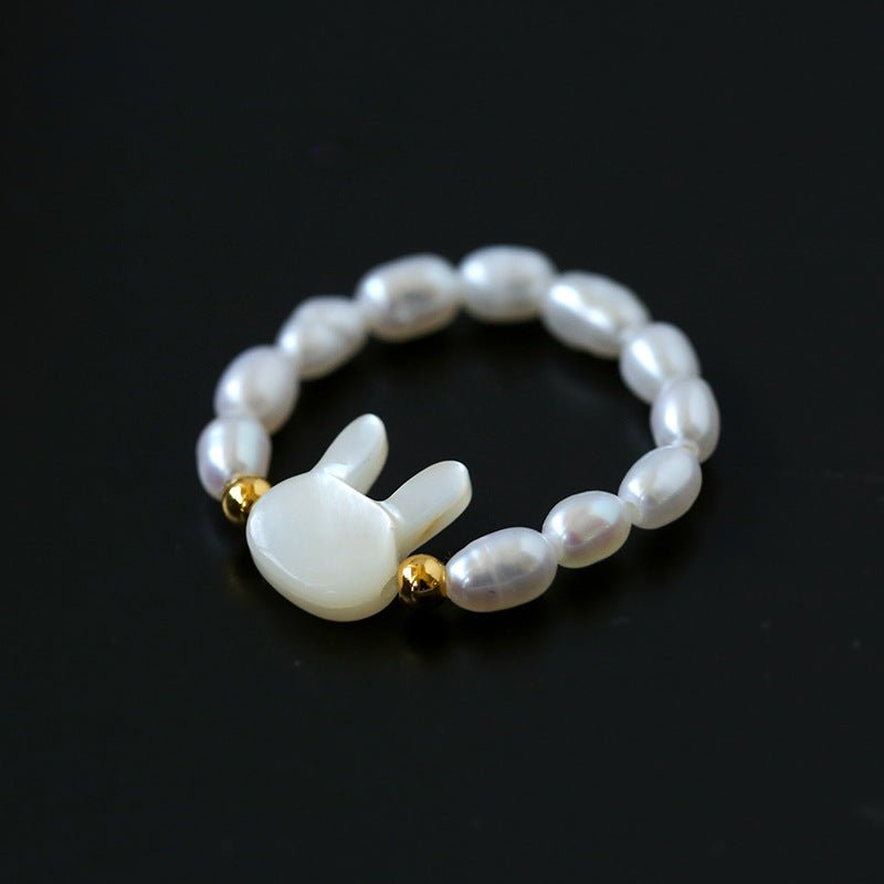 Cute Rabbit Cat Pearl Black Spinel Stretch Ring （Buy One Get One Free） - floysun