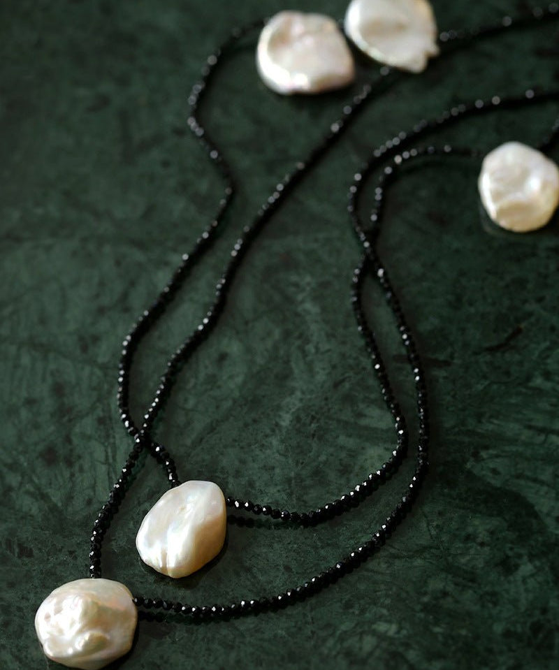 Five Large Petal Baroque Pearls Black Spinel Necklace - floysun