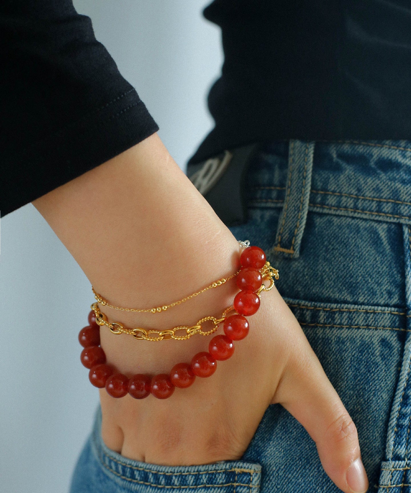 Gemstone Bracelet: Black Onyx, Red Agate, and Yellow Jade - floysun