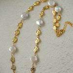 Gold Coin Lava Button Baroque Pearl Necklace - floysun