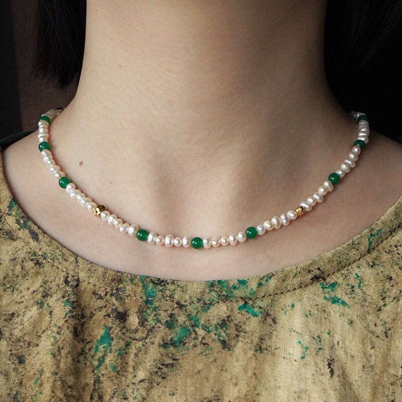 Green Agate Pearl Beaded Necklace - floysun