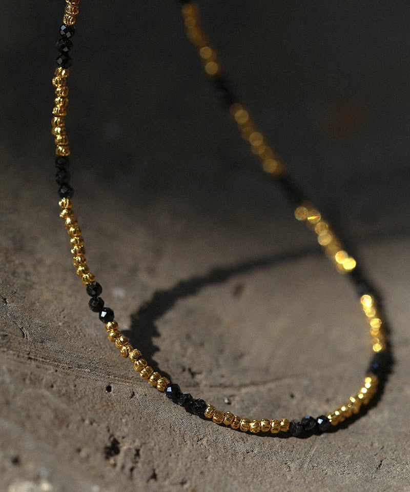 Handmade Black Spinel Golden Bean Mini Beaded Necklace - floysun