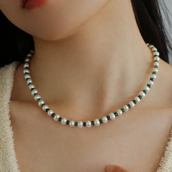 Handmade Green Natural Stone Beaded Pearl Necklace - floysun