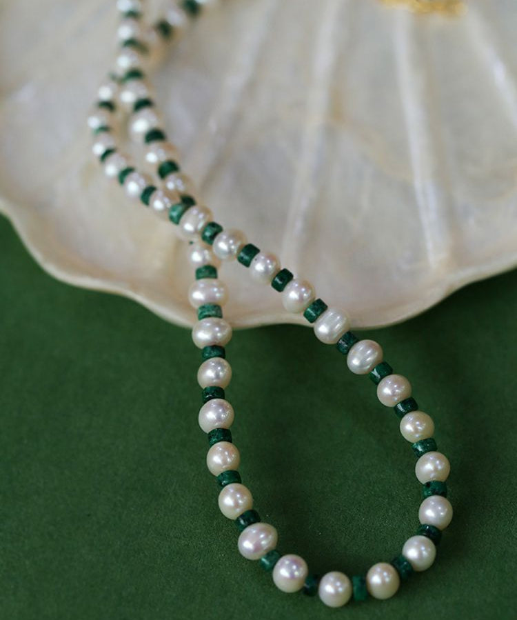 Handmade Green Natural Stone Beaded Pearl Necklace - floysun