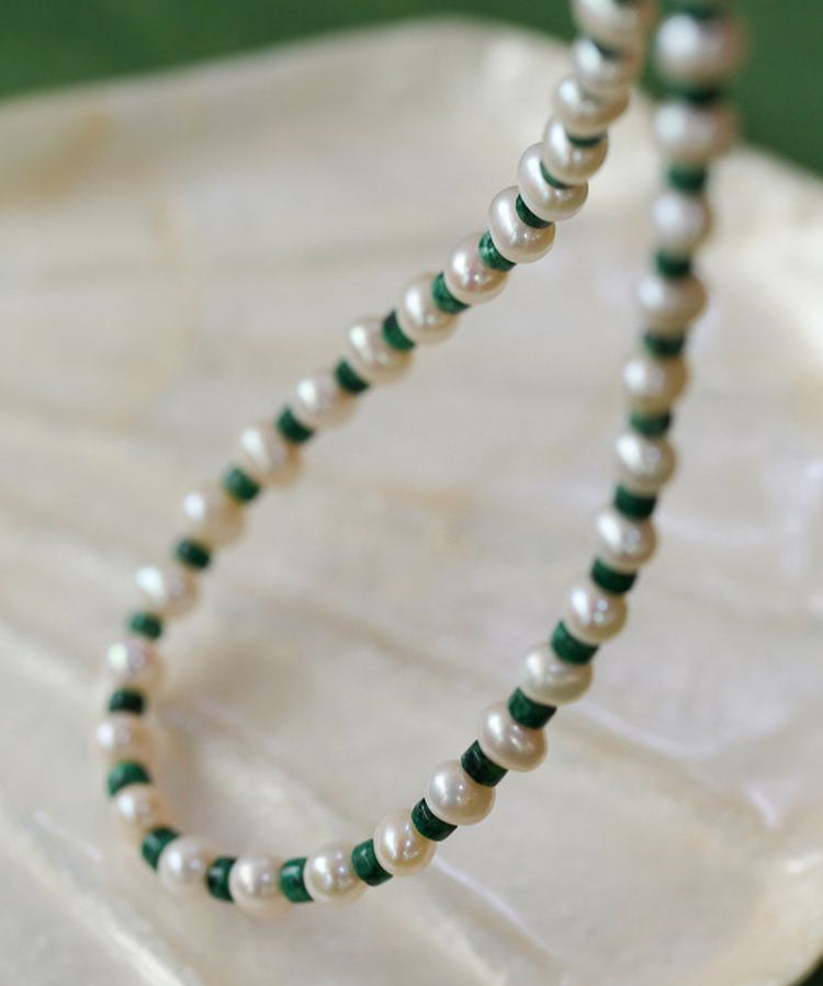 Handmade Green Natural Stone Beaded Pearl Necklace - floysun