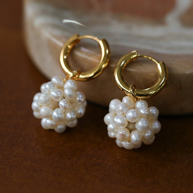 Handwoven Spherical Pearl Ball Drop Earrings - floysun