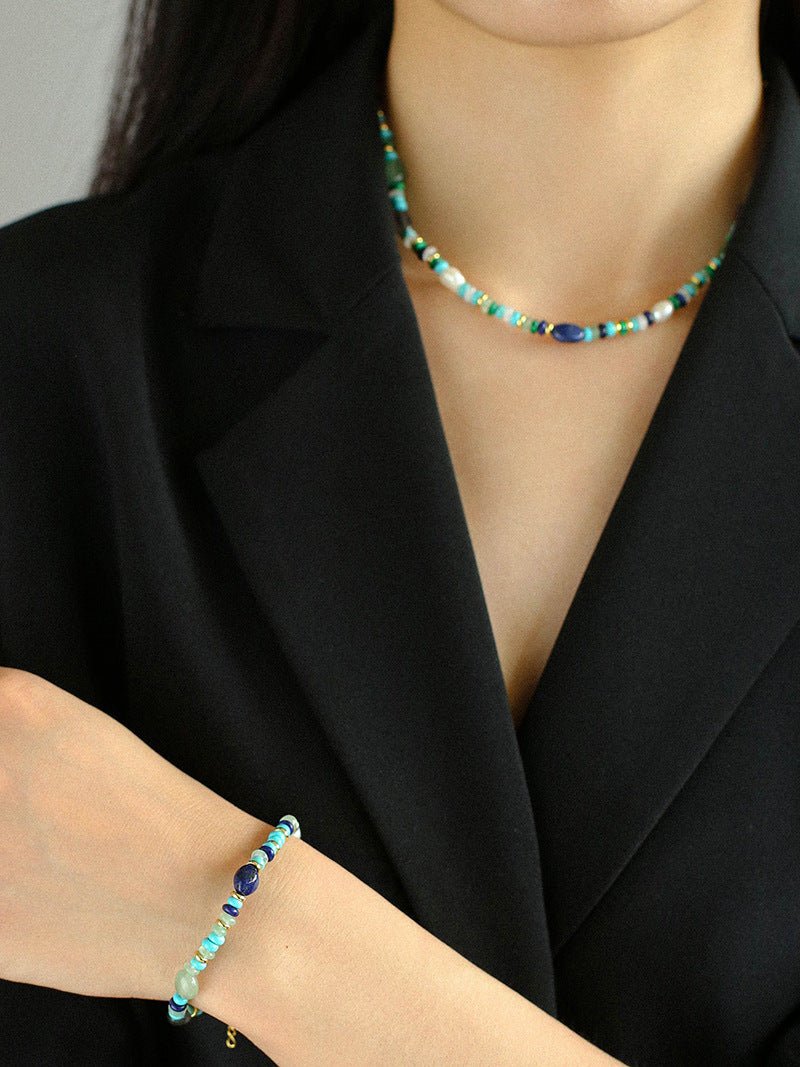 Multiple Irregular Colored Agate Jade Necklace -Blue - floysun