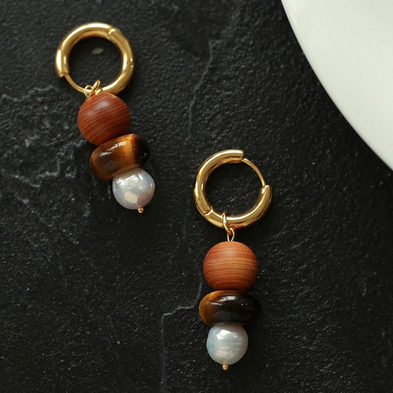 New Chinese Wood Grain Beaded Pearl Drop Earring - floysun