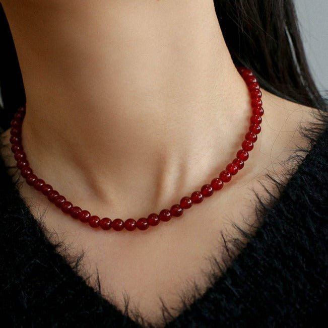 New Year 4/6/8/10mm Red Agate Stone Beaded Necklaces - floysun