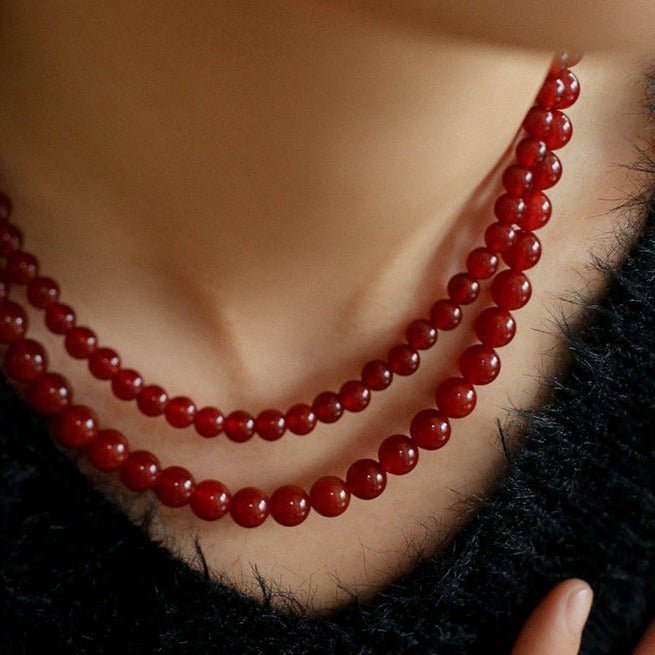 New Year 4/6/8/10mm Red Agate Stone Beaded Necklaces - floysun