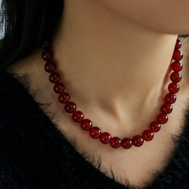 New Year 4/6/8/10mm Red Agate Stone Beaded Necklaces - floysun