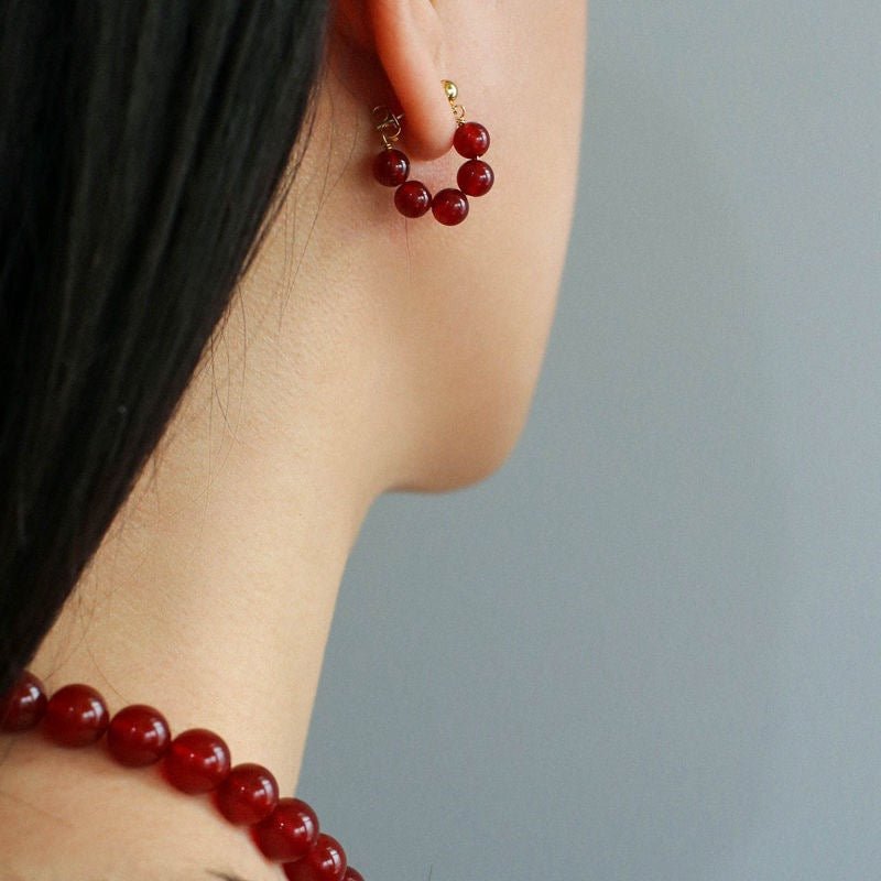 New Year's Red Agate Stone Beaded Earrings - floysun