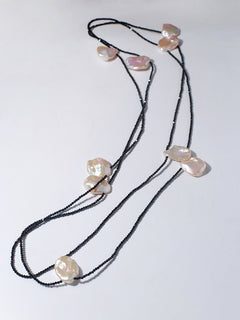 Nine Large Petal Baroque Pearls Black Spinel Necklace - floysun